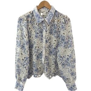 Caroline Constas Long Sleeve Floral Eyelet Top ‎ Blue & White Size Large